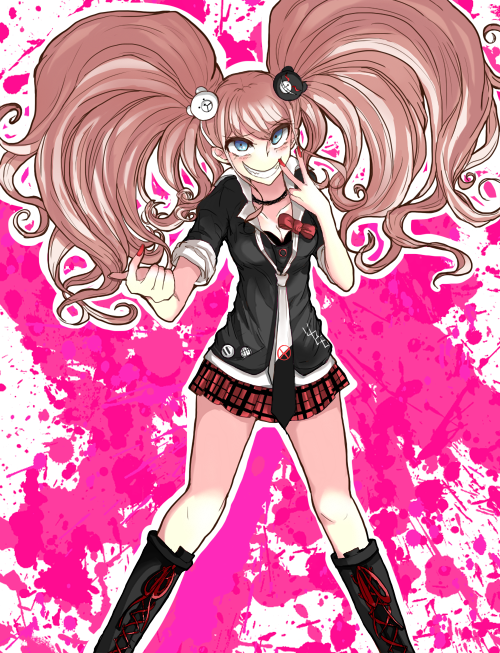 bad_id bad_pixiv_id blue_eyes boots bow breasts choker cleavage danganronpa danganronpa_1 enoshima_junko evil_grin evil_smile grin hair_ornament knee_boots kocoko medium_breasts necktie pink_hair plaid plaid_skirt pleated_skirt skirt sleeves_rolled_up smile solo spoilers v