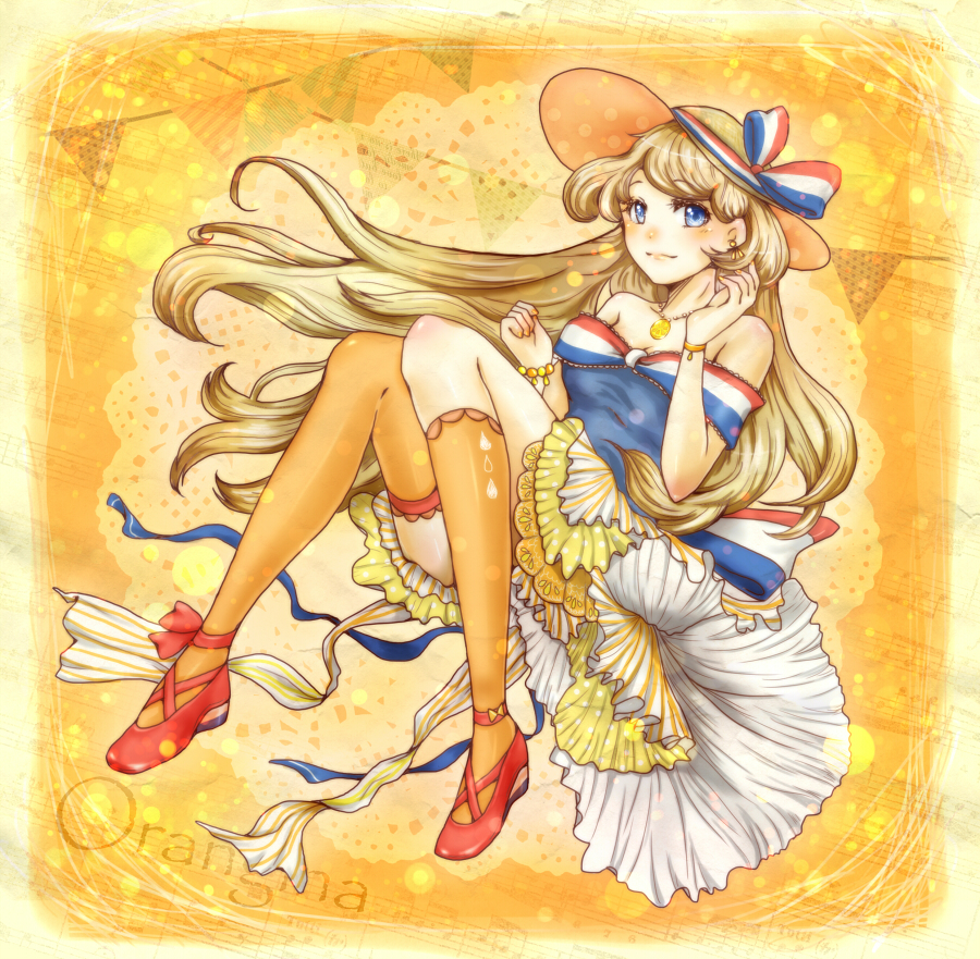 blonde_hair blue_eyes blush bracelet dress hat jewelry long_hair necklace orangina ribbon shoes smile solo thighhighs very_long_hair