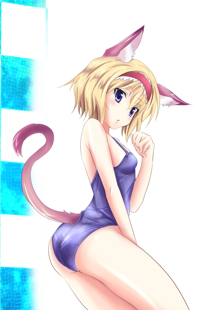 alice_margatroid animal_ears blonde_hair blue_eyes blush cat_ears cat_tail hairband one-piece_swimsuit paw_pose school_swimsuit shiny shiny_clothes skindentation solo swimsuit tail touhou