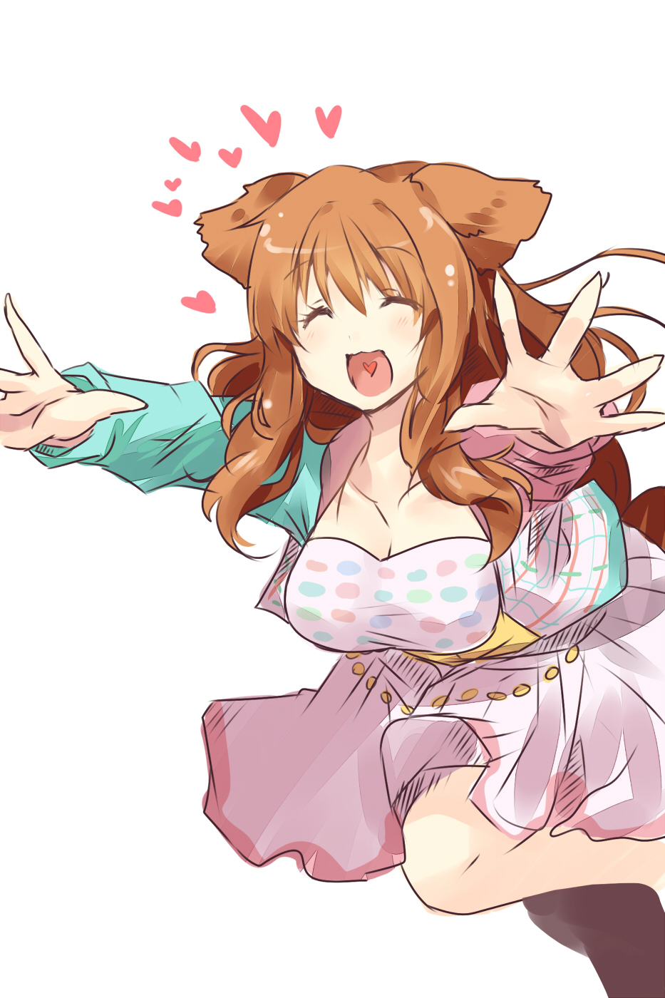 animal_ears bad_id bad_pixiv_id breasts cleavage closed_eyes collarbone dog_ears hanging_breasts heart highres idolmaster idolmaster_cinderella_girls large_breasts long_hair long_sleeves moroboshi_kirari open_mouth orange_hair outstretched_arms paopao solo taut_clothes