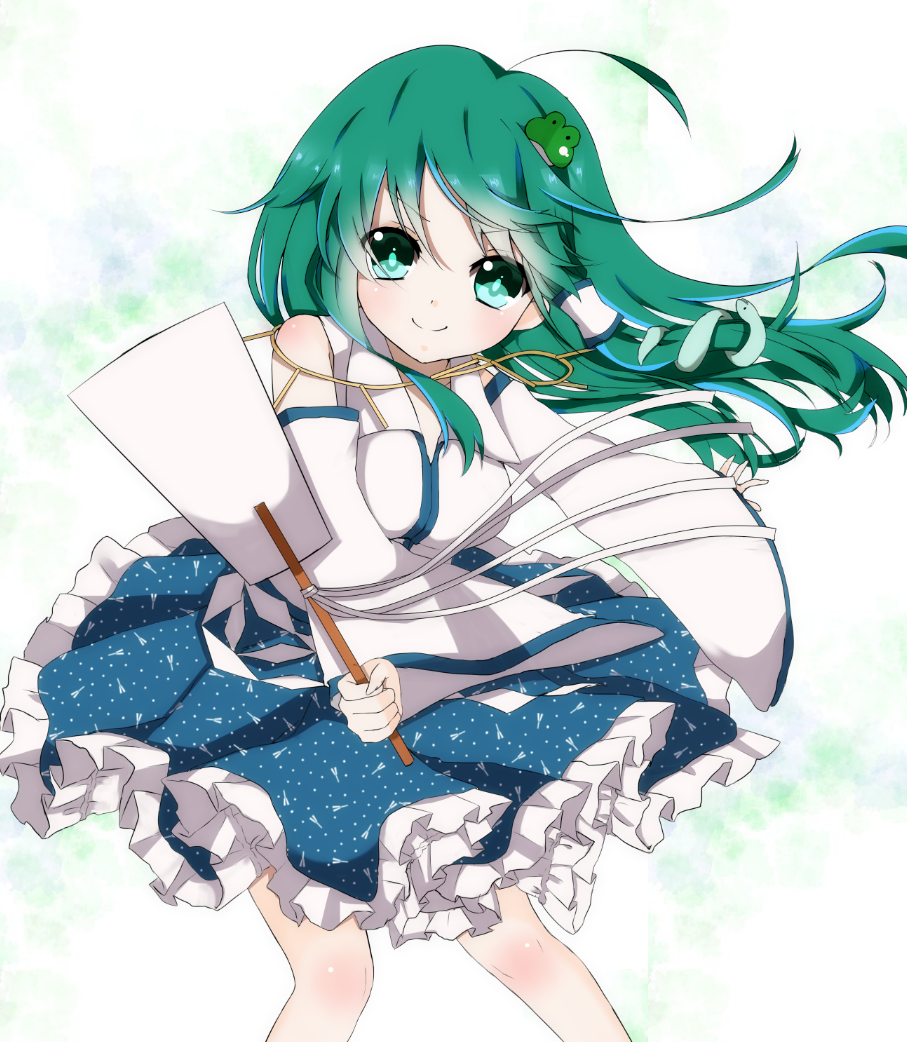 bad_id bad_pixiv_id blush breasts colorized detached_sleeves frog_hair_ornament gohei green_eyes green_hair hair_ornament hair_tubes kochiya_sanae long_hair medium_breasts skirt smile snake solo touhou zeroko-san_(nuclear_f)