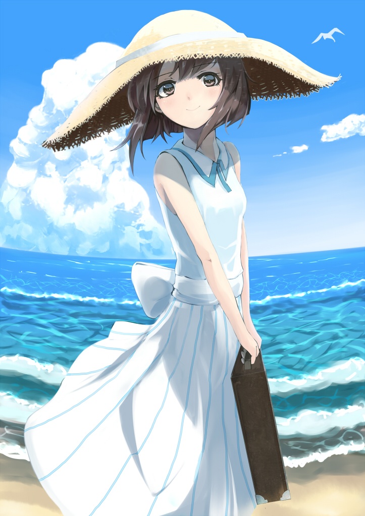 bird blush brown_hair cloud day hagiwara_yukiho hat idolmaster idolmaster_(classic) ocean short_hair sky sleeveless smile solo suitcase sun_hat tsukimura water waves yellow_eyes