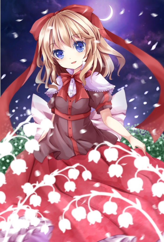 bad_id bad_pixiv_id blonde_hair blue_eyes crescent_moon flower hair_ribbon head_tilt lily_of_the_valley looking_at_viewer medicine_melancholy moon nanase_nao night open_mouth ribbon short_hair short_sleeves solo touhou