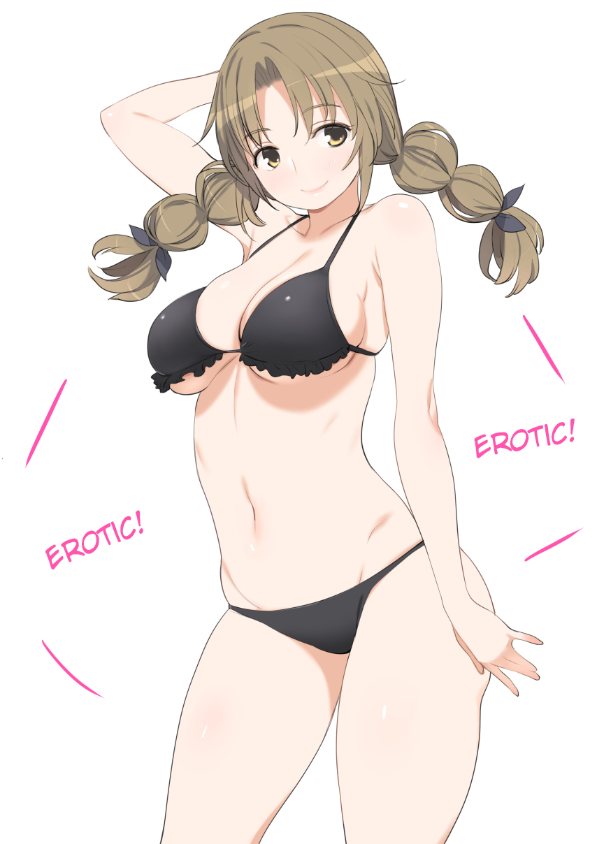 1girl arm_up bikini braid breasts brown_eyes brown_hair cleavage frilled_bikini frills hard_translated highres large_breasts mound_of_venus navel nora_higuma ootani_momoko photokano smile solo swimsuit thick_thighs thighs translated twin_braids twintails underboob