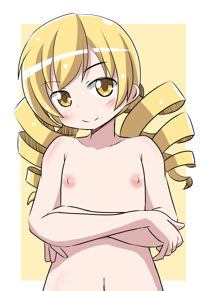 alternate_breast_size bad_id bad_pixiv_id blonde_hair blush drill_hair flat_chest head_tilt looking_at_viewer mahou_shoujo_madoka_magica naruse_mai navel nipples nude smile solo tomoe_mami twin_drills twintails upper_body