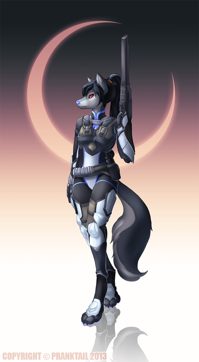 armor blue_nose canine clothing crescent_moon digitigrade female gun holster legwear looking_at_viewer mammal moon pistol ponytail pranktail ranged_weapon red_eyes rifle single solo suit tight_clothing toeless_socks weapon wolf