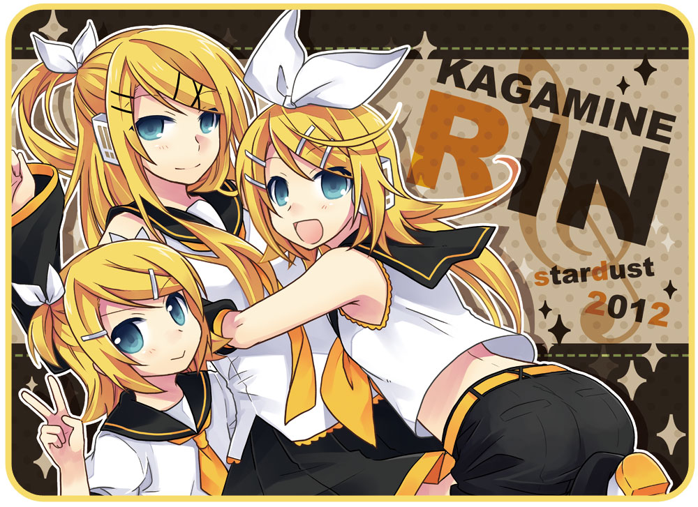 3girls blonde_hair blue_eyes blush character_name clone kagamine_rin long_hair looking_at_viewer multiple_girls older open_mouth short_hair smile tamura_hiro v vocaloid younger