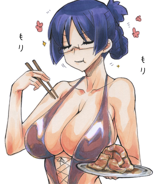:t bangs blue_hair braid breasts casual_one-piece_swimsuit center_opening chopsticks cleavage closed_eyes collarbone cross-laced_clothes eating flower folded_ponytail food glasses hand_up holding holding_chopsticks holding_plate kikuta large_breasts marker_(medium) meat millipen_(medium) motion_lines one-piece_swimsuit parted_bangs parted_lips plate purple_swimsuit rectangular_eyewear ridget_(suisei_no_gargantia) rimless_eyewear sideboob simple_background solo sparkle suisei_no_gargantia swimsuit traditional_media upper_body v-shaped_eyebrows white_background