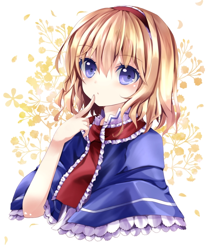 alice_margatroid bad_id bad_pixiv_id blonde_hair blue_eyes finger_to_mouth hairband looking_at_viewer nanase_nao ribbon short_hair solo touhou upper_body