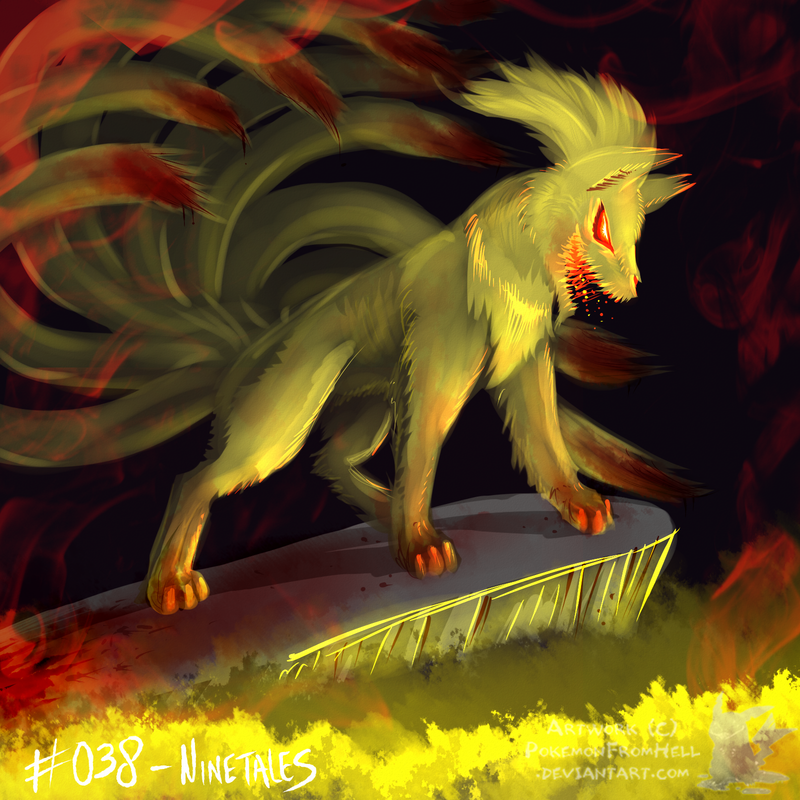 blood canine feral fire fox grin mammal multiple_tails ninetales nintendo open_mouth pok&#233;mon pok&eacute;mon pokemonfromhell red_eyes solo video_games warm_colors