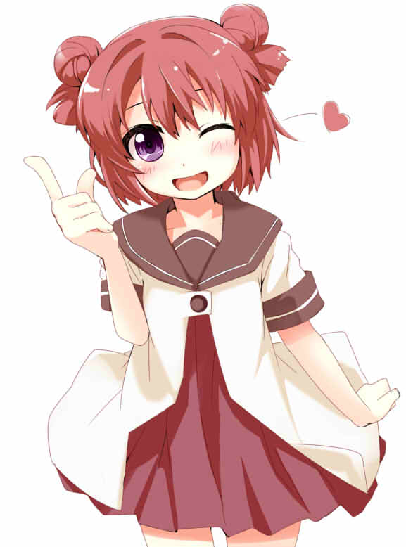 akaza_akari blush double_bun grune heart jpeg_artifacts looking_at_viewer nanamori_school_uniform one_eye_closed open_mouth purple_eyes red_hair school_uniform serafuku short_hair simple_background smile solo white_background yuru_yuri