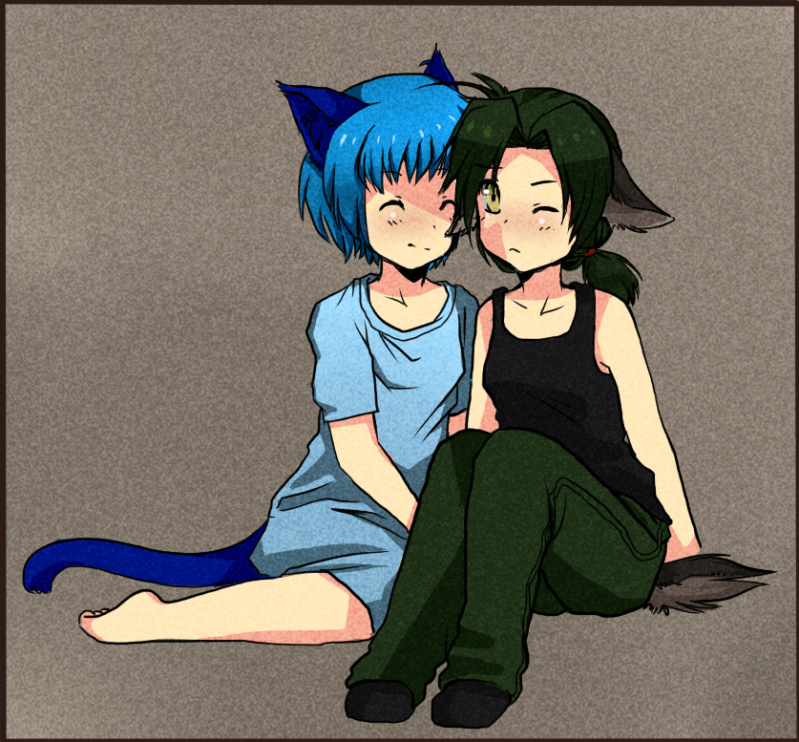 akami_katejina akami_kitaken animal_ears bare_shoulders blue_hair boots border cat_ears cat_tail closed_eyes feet green_hair mirikun multiple_girls one_eye_closed original oversized_clothes oversized_shirt pants ponytail red_eyes shirt shoes short_hair siblings simple_background sisters sitting source_request sweatpants tail tank_top wolf_ears wolf_tail yellow_eyes