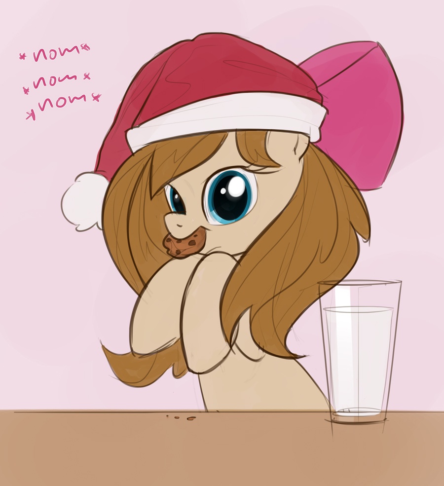 bow brown_fur brown_hair christmas cookie cookie_crumble cute eating equine female fur glass hair hat holidays horse long_hair looking_at_viewer mammal milk my_little_pony original_character ponekone pony santa_hat solo