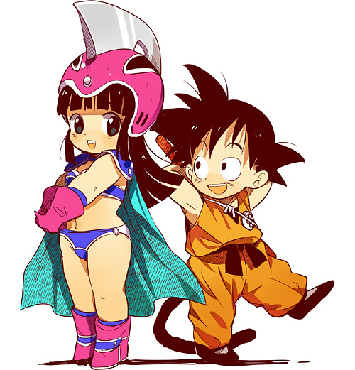 1boy 1girl armor armpits bikini_armor black_eyes black_hair boots cape chi-chi_(dragon_ball) chichi child dragon_ball gloves helmet long_hair looking_at_viewer navel open_mouth simple_background smile son_gokuu standing tail white_background young younger zakizaraki