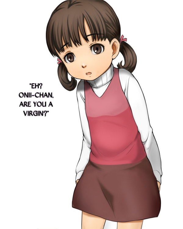 1girl atlus brown_eyes brown_hair child doujima_nanako e10 hair_ribbon hard_translated open_mouth parted_lips persona persona_4 ribbon shin_megami_tensei short_twintails skirt solo standing translated turtleneck twintails