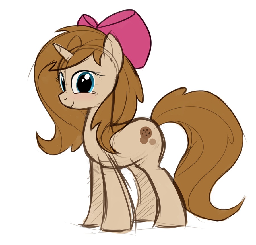 bow brown_fur brown_hair colored cookie_crumble cutie_mark equine female feral fur hair horn horse long_hair looking_at_viewer mammal my_little_pony original_character plain_background ponekone pony sketch smile solo unicorn