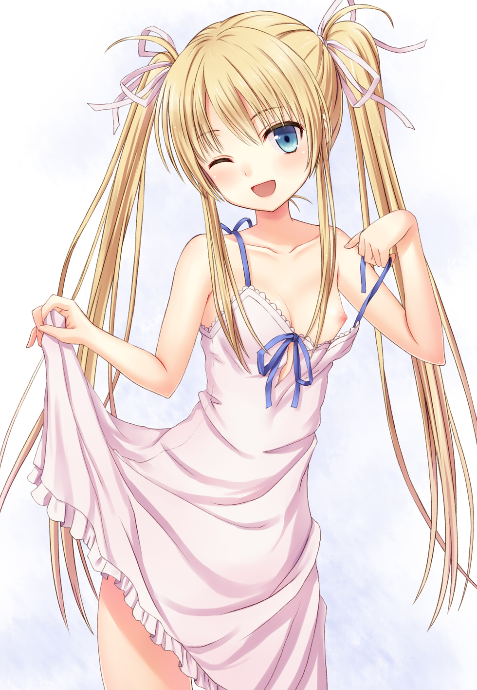;d bangs banned_artist bare_arms bare_shoulders blonde_hair blue_eyes breast_slip breasts collarbone dress dress_lift hair_ribbon highres long_hair looking_at_viewer n.g. nipples one_breast_out one_eye_closed open_mouth original ribbon simple_background sleeveless sleeveless_dress small_breasts smile solo sundress twintails untied very_long_hair