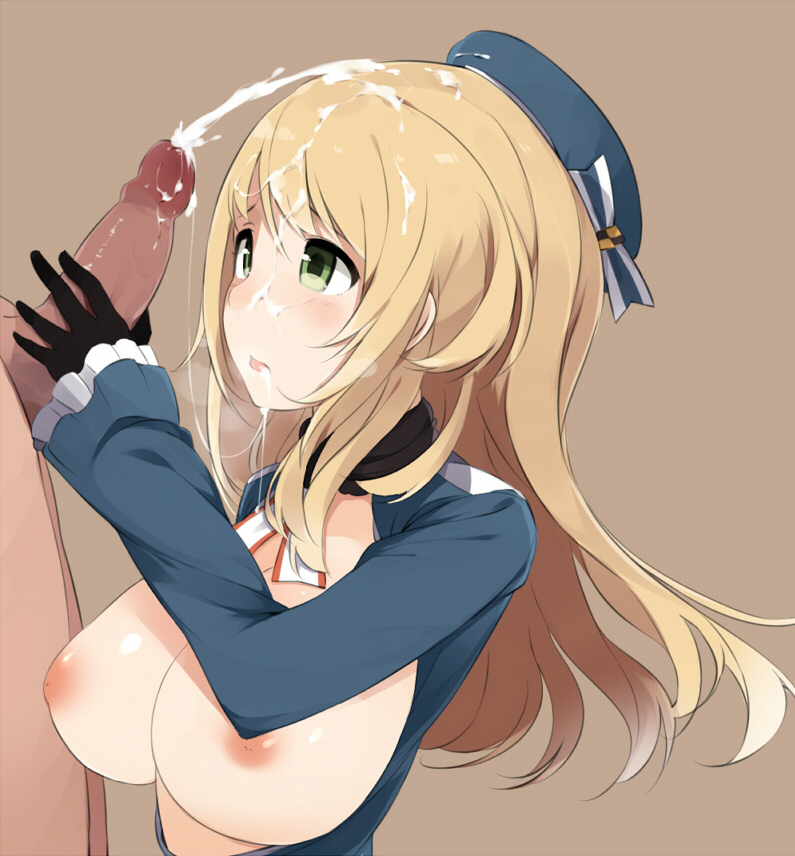 1girl atago_(kantai_collection) bad_id bad_pixiv_id blonde_hair blue_hat blush breasts cum cum_on_body cum_on_hair cum_on_upper_body facial gloves green_eyes handjob hat hetero kantai_collection large_breasts long_hair nipples open_clothes open_shirt penis shirt solo_focus totoki86 uniform