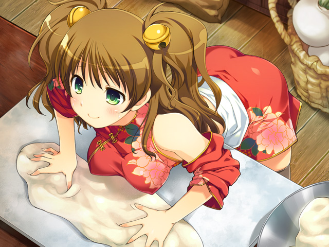 baking bangs bare_shoulders basket bell bent_over black_legwear blush breasts brown_hair china_dress chinese_clothes covered_nipples detached_sleeves dough drapeko!_onedari_dragon_to_oppai_yuusha dress flower from_above game_cg green_eyes hair_bell hair_ornament jingle_bell kneading large_breasts sack sauce_(drapeko!) solo standing table thighhighs two_side_up