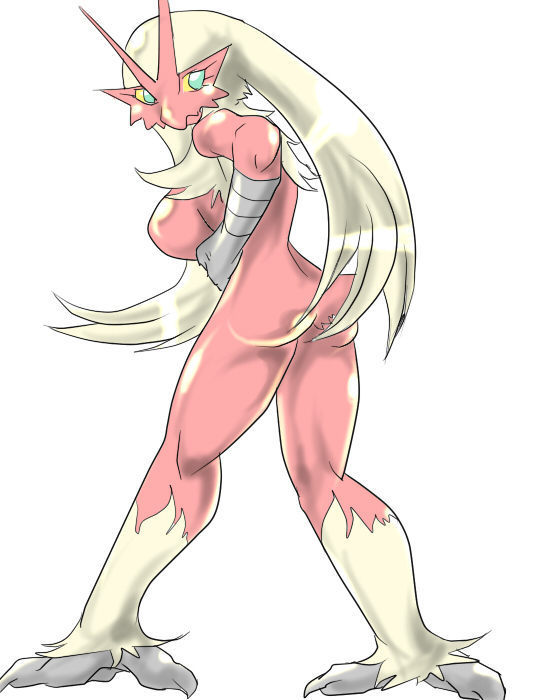 avian beige_hair bird blaziken blue_eyes breasts butt chicken feathers female hair japanese long_hair looking_back nintendo non-mammal_breasts plain_background pok&#233;mon pok&eacute;mon pose presenting presenting_hindquarters side_boob solo standing video_games white_background yellow_eyes