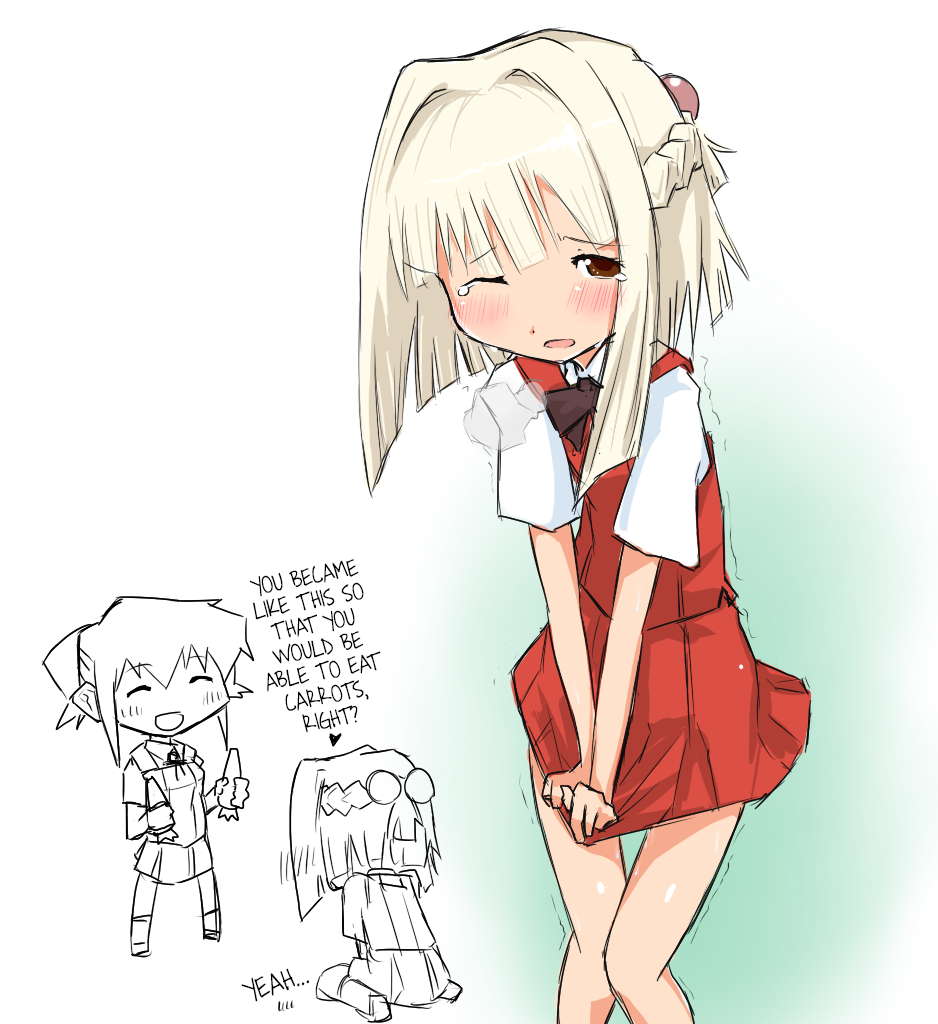 2girls blush carrot do_(taka) half_updo hard_translated hidamari_sketch multiple_girls nazuna nori original school_uniform skirt smile translated