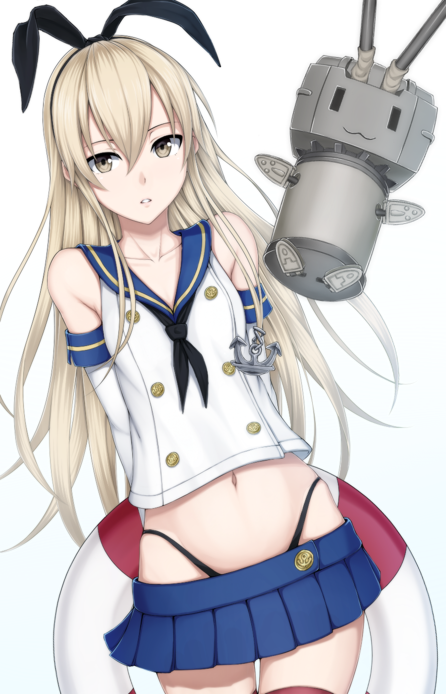 anchor anchor_hair_ornament arms_behind_back bad_id bad_pixiv_id bare_shoulders black_panties blonde_hair blush brown_eyes collarbone elbow_gloves gloves hair_between_eyes hair_ornament hairband heisei_yutorin highleg highleg_panties highres kantai_collection lifebuoy long_hair midriff miniskirt navel panties parted_lips red_legwear rensouhou-chan sailor_collar shimakaze_(kantai_collection) simple_background skirt sleeveless solo thigh_gap thighhighs underwear white_background white_gloves zettai_ryouiki