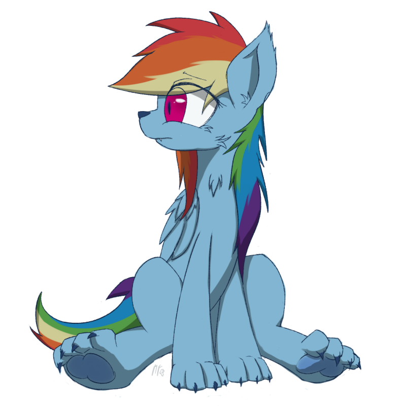 blue_fur canine claws equine female feral friendship_is_magic fur hair horse mammal muffinsforever multi-colored_hair my_little_pony plain_background pony purple_eyes rainbow_dash_(mlp) rainbow_hair sitting solo transformation white_background wings wolf