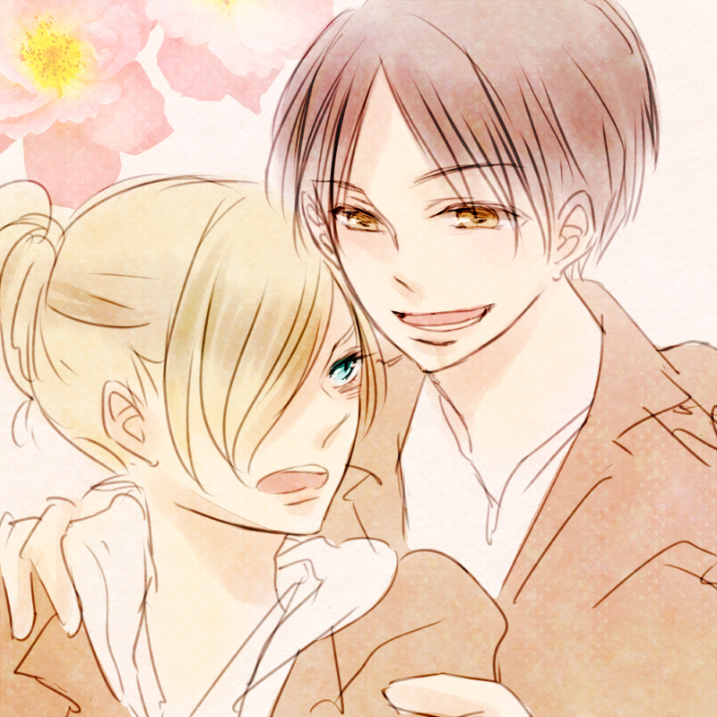 1girl annie_leonhardt aqua_eyes blonde_hair brown_hair couple eren_yeager flower hetero open_mouth shingeki_no_kyojin short_hair yellow_eyes