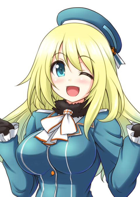 ;d atago_(kantai_collection) blonde_hair blue_eyes blue_hat blush bococho breasts gloves hat kantai_collection large_breasts long_hair looking_at_viewer military one_eye_closed open_mouth smile solo uniform