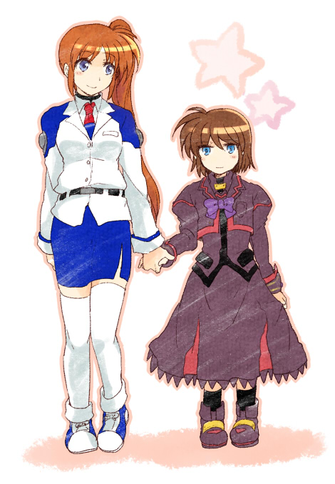 blue_bow blue_eyes blush bow bowtie brown_hair dress dress_shirt height_difference holding_hands jacket long_hair long_sleeves looking_at_viewer lyrical_nanoha magical_girl mahou_shoujo_lyrical_nanoha mahou_shoujo_lyrical_nanoha_a's mahou_shoujo_lyrical_nanoha_a's_portable:_the_battle_of_aces mahou_shoujo_lyrical_nanoha_strikers material-s military military_uniform multiple_girls pencil_skirt purple_dress purple_eyes red_hair ribbon shirt shoes short_hair side-by-side side_ponytail skirt smile star takamachi_nanoha takana thighhighs tsab_air_military_uniform uniform white_legwear white_shirt