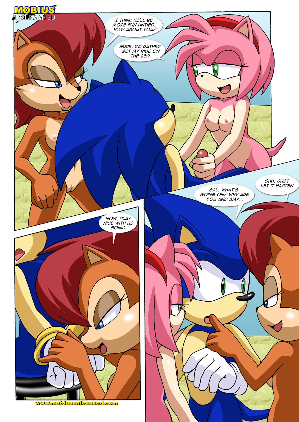 bbmbbf blue_eyes breasts chipmunk comic erection female green_eyes handjob hedgehog male mammal mobius_unleashed nipples palcomix penis pussy rodent sally_acorn sega sonic_(series) sonic_the_hedgehog straight untieing