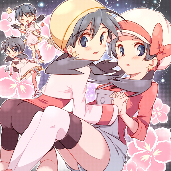 apron atom_(@tom) bad_id bad_pixiv_id bike_shorts black_hair blue_eyes blush bow crystal_(pokemon) dual_persona earrings flower hat hat_bow holding_hands jacket jewelry looking_at_viewer multiple_girls overalls pokemon pokemon_special sky star star_(sky) starry_sky thighhighs twintails