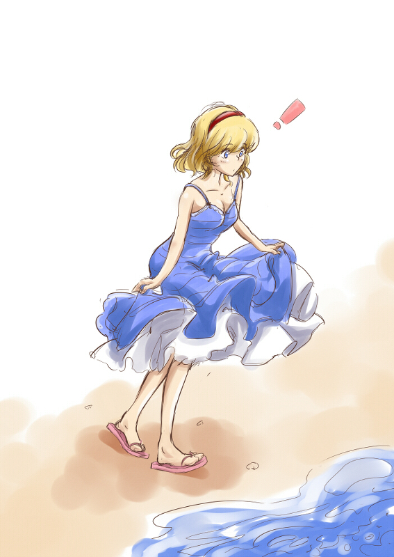 1girl alice_margatroid bad_id bad_pixiv_id beach blonde_hair breasts medium_breasts non_(z-art) sandals short_hair solo touhou water