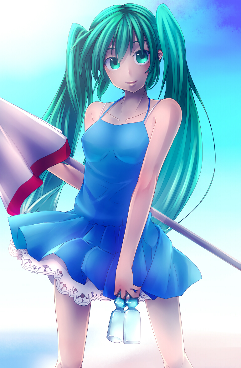 bad_id bad_pixiv_id colorized dress green_eyes green_hair hatsune_miku koohii0530 long_hair looking_at_viewer smile solo twintails very_long_hair vocaloid