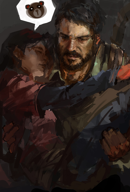 1girl beard carrying closed_eyes ellie_(the_last_of_us) facial_hair joel_(the_last_of_us) lixiaoyao_ii princess_carry the_last_of_us
