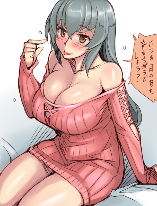 :p blush breasts brown_eyes cleavage hyougintou large_breasts long_hair looking_at_viewer ribbed_sweater rozen_maiden silver_hair sitting smile solo sweater tongue tongue_out translated tsuda_nanafushi