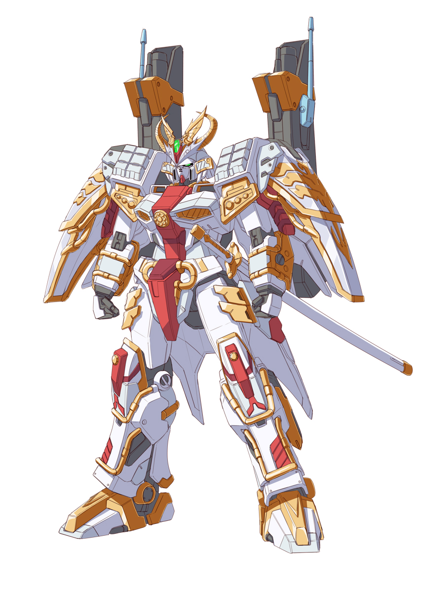 gundam gundam_daishogun highres japanese_armor mecha no_humans samurai sd_gundam sd_sengokuden simple_background solo sukekiyo56 sword weapon white_background