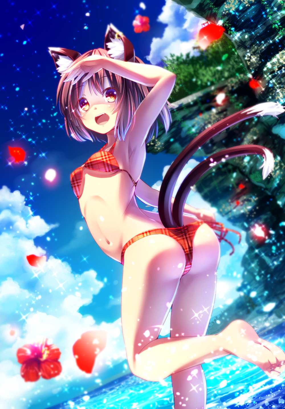 :d animal_ears arm_up armpits ass bad_anatomy barefoot beach bikini brown_hair cat_ears cat_tail chen day fang flower hibiscus highres jewelry md5_mismatch multiple_tails navel ocean open_mouth outdoors red_bikini red_eyes revision ryosios shading_eyes side-tie_bikini single_earring smile solo swimsuit tail touhou water