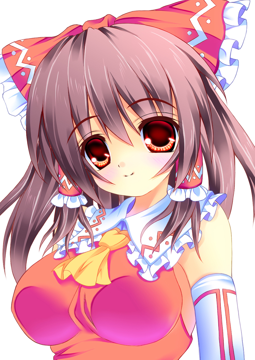 ascot blouse blush bow breasts brown_hair close-up closed_mouth detached_sleeves face fukuda_shuushi hair_bow hair_tubes hakurei_reimu highres large_breasts long_hair looking_at_viewer red_eyes smile solo touhou white_background