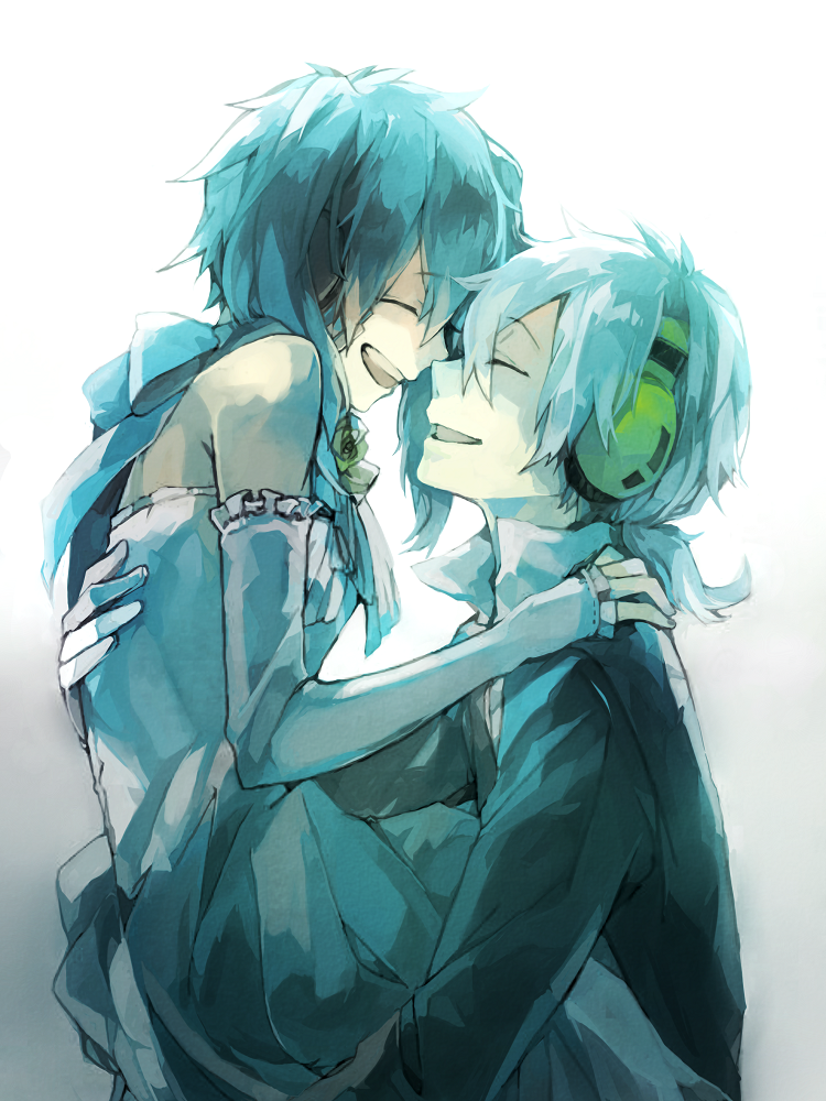 1girl bad_id bad_pixiv_id carrying closed_eyes couple dress ene_(kagerou_project) green_hair happy haruu_shun headphones hetero kagerou_project konoha_(kagerou_project) long_hair ponytail smile twintails