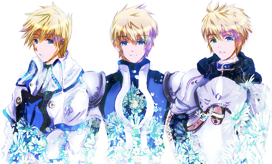 armor arthur_pendragon_(fate) blonde_hair blue_eyes chochi-blue color_connection crossover fate/prototype fate_(series) flynn_scifo green_eyes guilty_gear hair_color_connection ky_kiske look-alike male_focus multiple_boys multiple_crossover tales_of_(series) tales_of_vesperia trait_connection