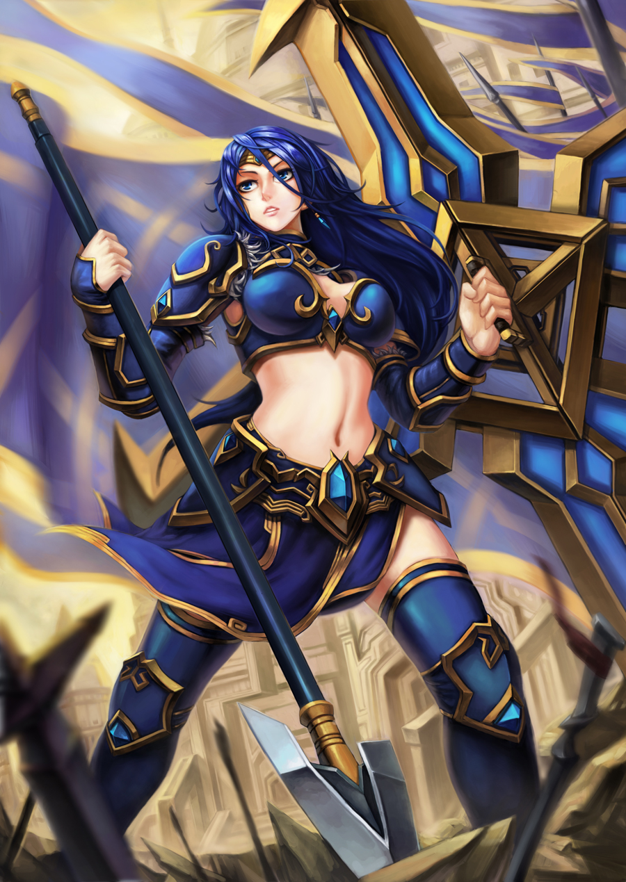 armor blue_eyes blue_hair boomerang breasts cleavage forehead_protector highres huge_weapon kote_(tures) league_of_legends long_hair medium_breasts midriff navel parted_lips polearm sivir solo spear weapon
