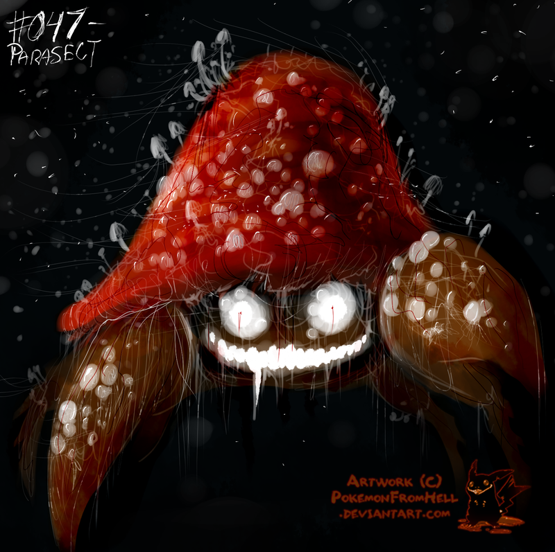 black_background blood cordyceps creepy grin looking_at_viewer nintendo no_pupils parasect plain_background pok&#233;mon pok&eacute;mon pokemonfromhell smile solo video_games