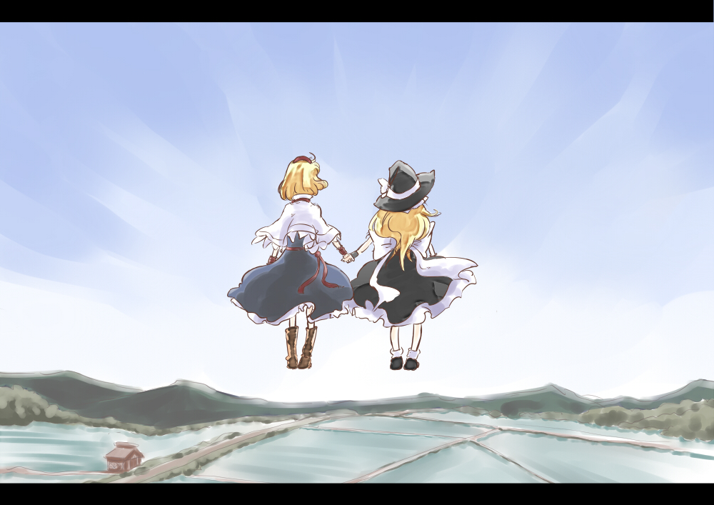 alice_margatroid bad_id bad_pixiv_id blonde_hair from_behind hat holding_hands kirisame_marisa letterboxed long_hair multiple_girls non_(z-art) short_hair touhou witch_hat