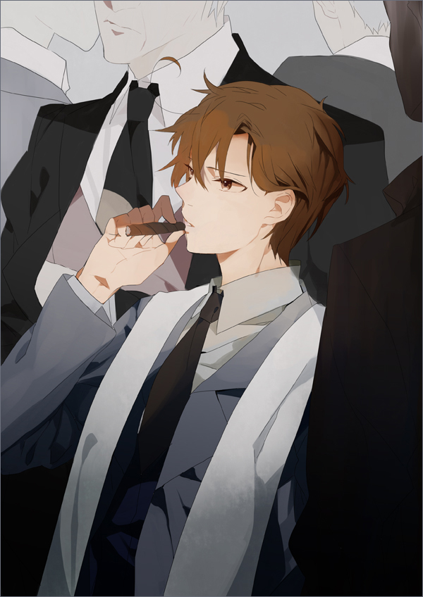 ahoge arm_up axis_powers_hetalia bad_id bad_pixiv_id black_suit border brown_eyes brown_hair cigar colored_eyelashes flowerchorus formal grey_background hair_between_eyes hair_intakes head_out_of_frame height_difference holding long_sleeves mafia male_focus messy_hair multiple_boys necktie old_man parted_lips scarf smoking solo_focus southern_italy_(hetalia) suit white_hair