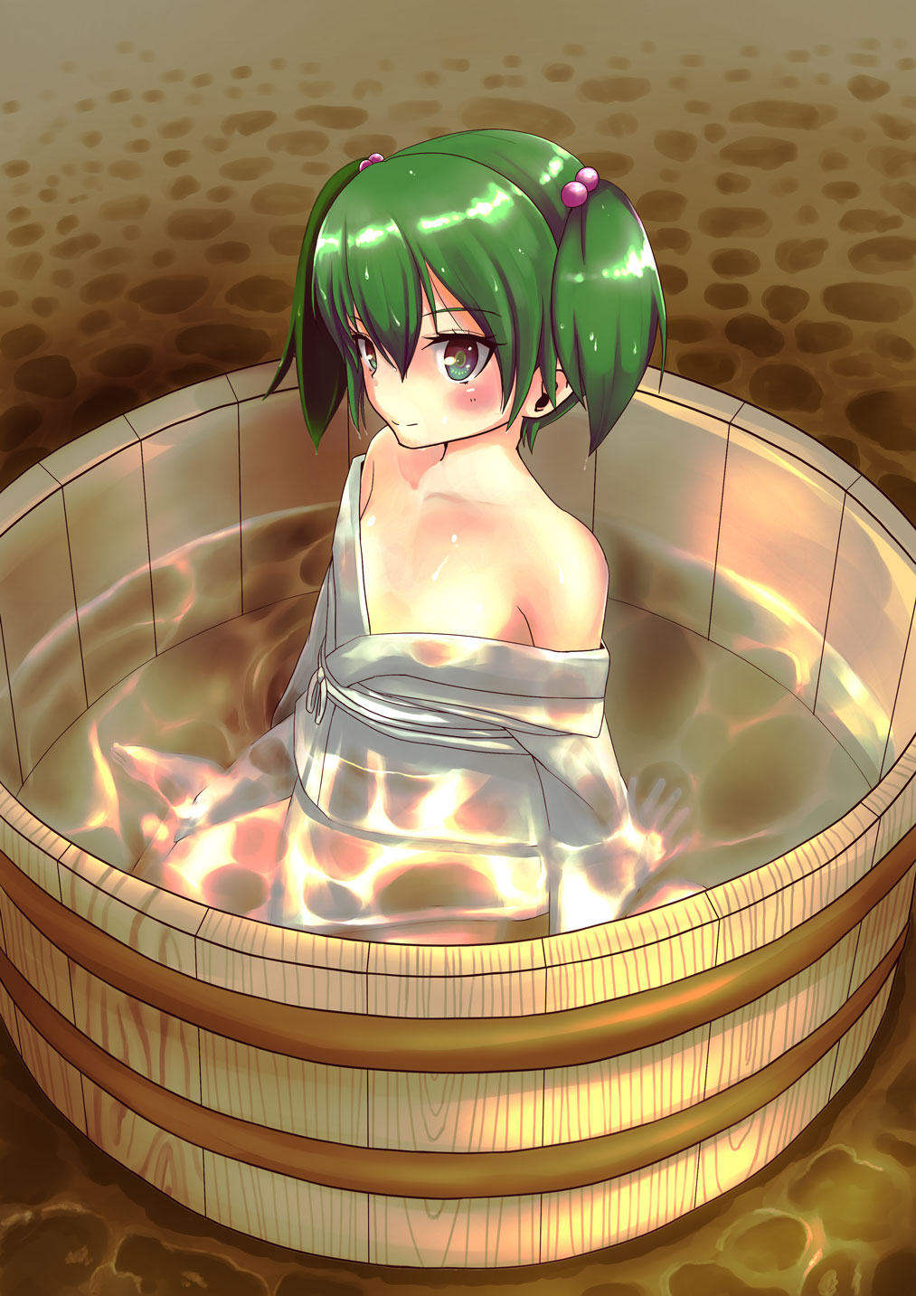 bare_shoulders green_eyes green_hair hair_bobbles hair_ornament highres japanese_clothes kisume off_shoulder solo touhou twintails usiedo_akatuki water