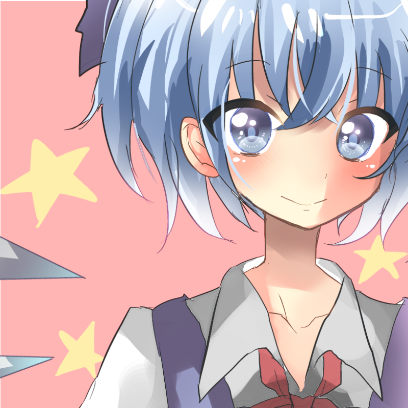 bad_id bad_pixiv_id blue_eyes blue_hair bow cirno hair_bow ice ice_wings invoke@daichan! short_hair smile solo star touhou wings