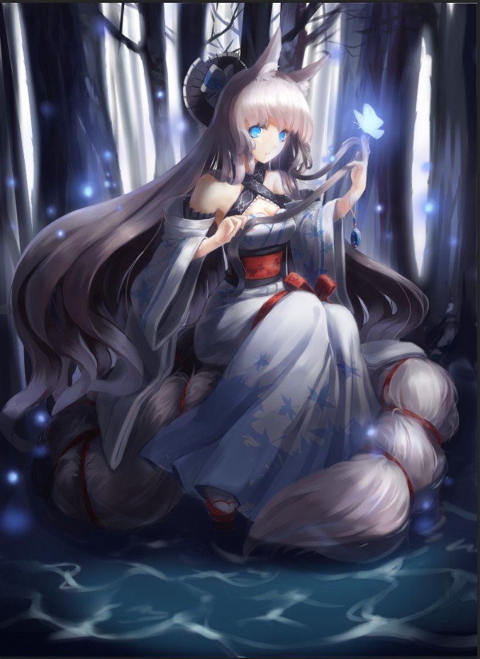 animal_ears bare_shoulders blue_eyes bug butterfly cubies_(tiger_205) forest insect japanese_clothes long_hair nature original silver_hair solo very_long_hair