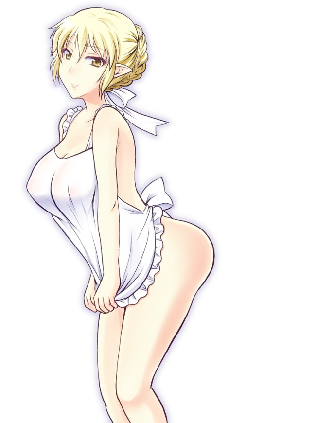 apron bad_id bad_pixiv_id blonde_hair breasts copyright_request large_breasts naked_apron pointy_ears short_hair simple_background smile solo unatama white_background yellow_eyes
