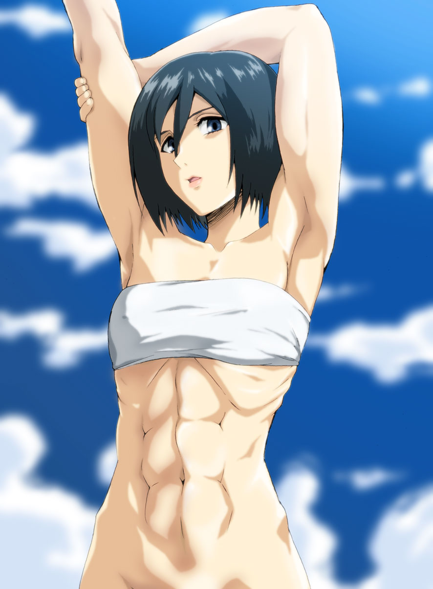 abs armpits arms_behind_head arms_up bandeau black_hair blue_eyes blue_sky bottomless cloud day flat_chest fugakuhyakkei highres looking_at_viewer mikasa_ackerman muscle navel shingeki_no_kyojin short_hair sky solo standing strapless underwear underwear_only